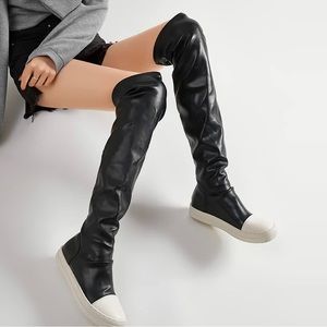 Stretch leather Flat Over The Knee Thigh High Boots